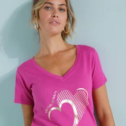 T-shirt col V imprimé doré