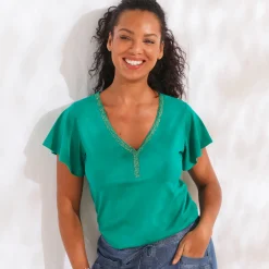 T-shirt in effen tricot met goudkleurige V-hals