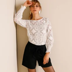 T-shirt in kant met lange bloezende mouwen