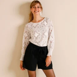 T-shirt in kant met lange bloezende mouwen