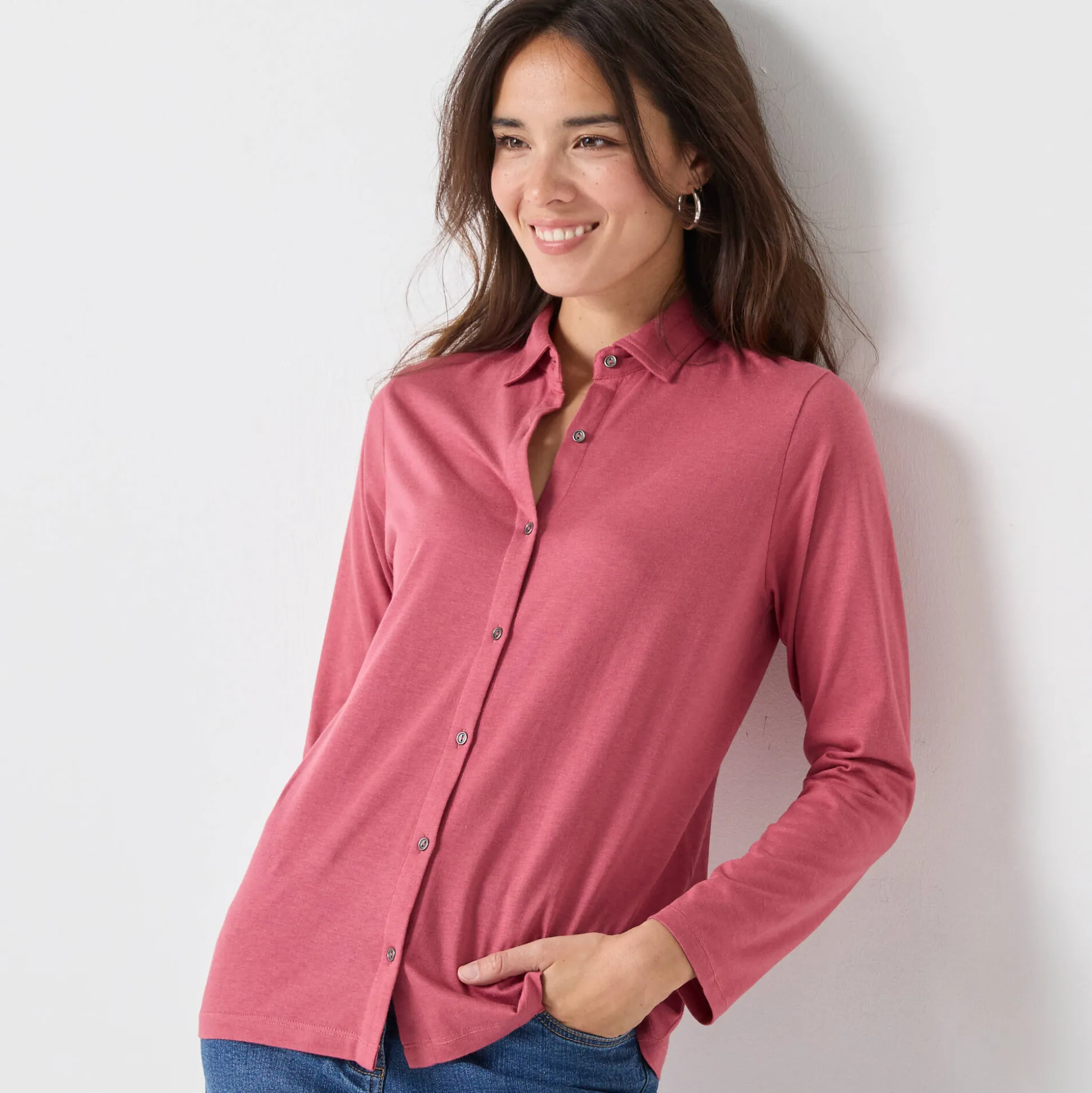 T-shirt met knopen, lange mouwen en polokraag