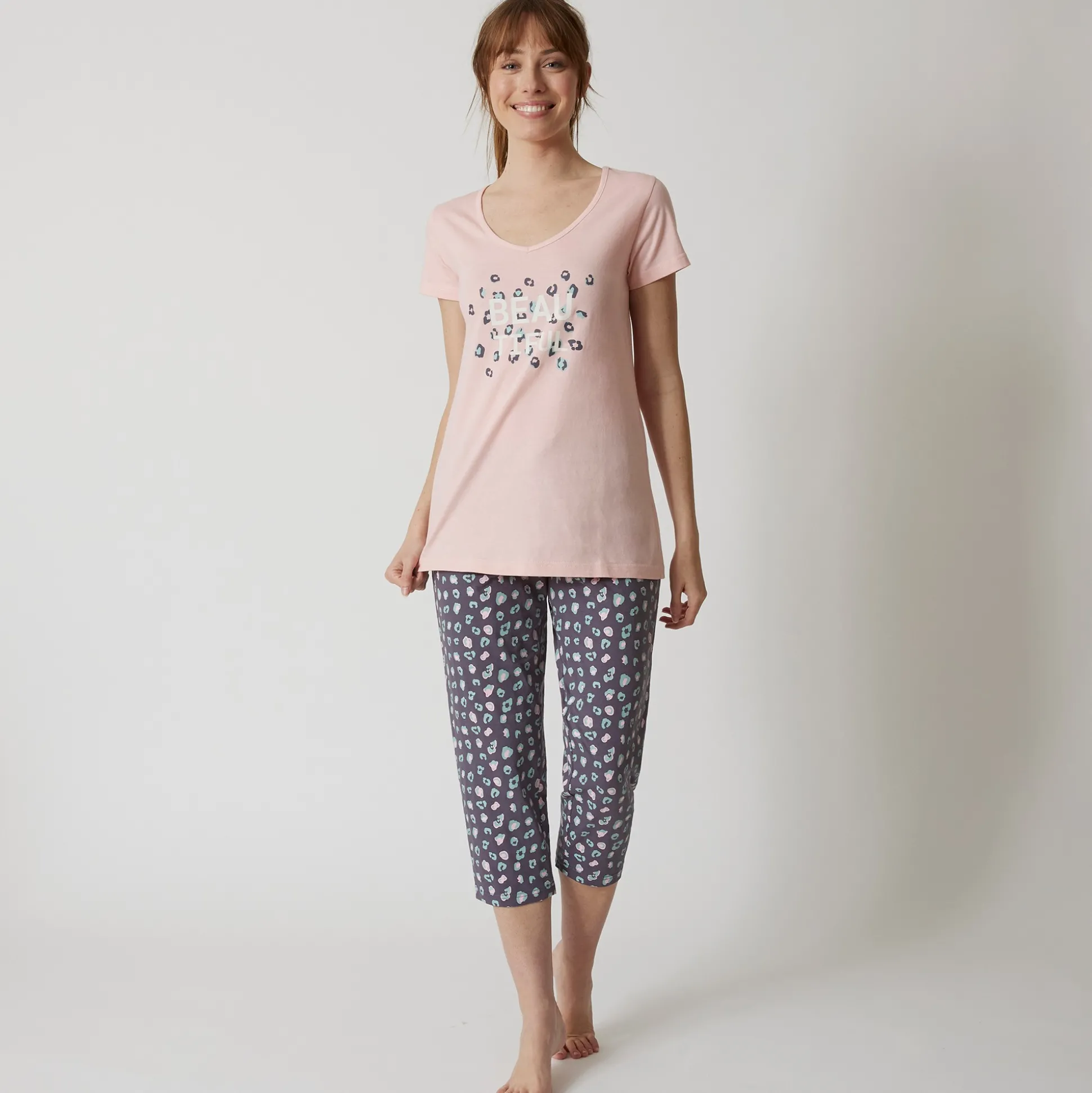 T-shirt met korte mouwen in effen katoen geplaatste "Beautiful" print