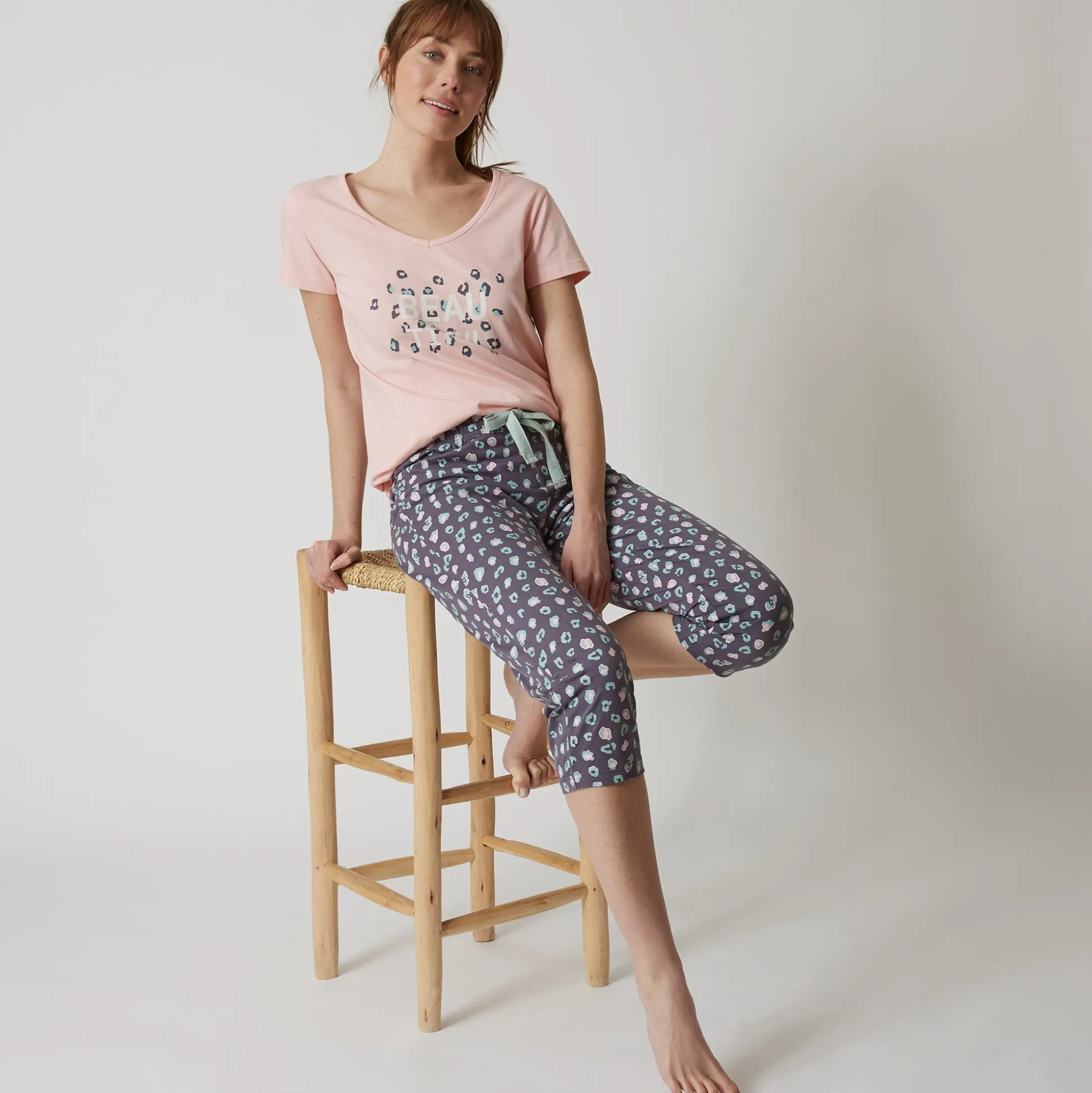 T-shirt met korte mouwen in effen katoen geplaatste "Beautiful" print