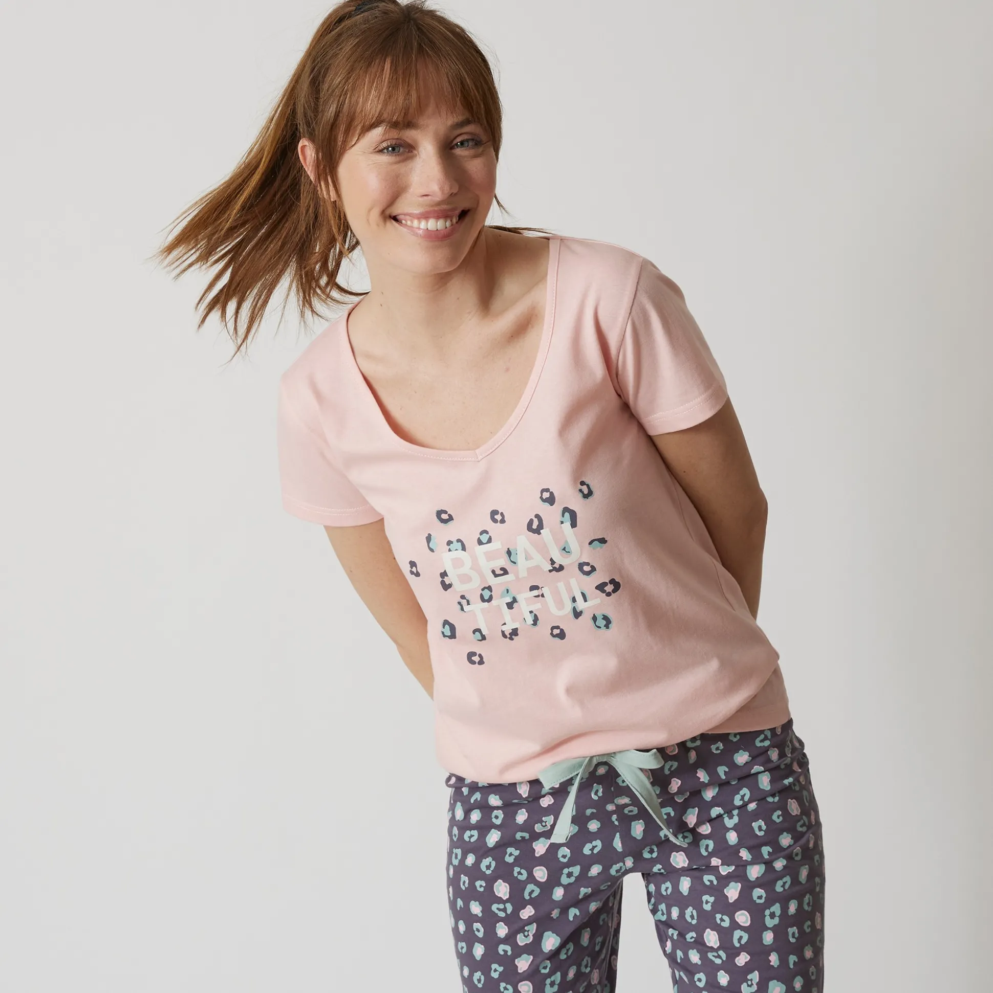 T-shirt met korte mouwen in effen katoen geplaatste "Beautiful" print