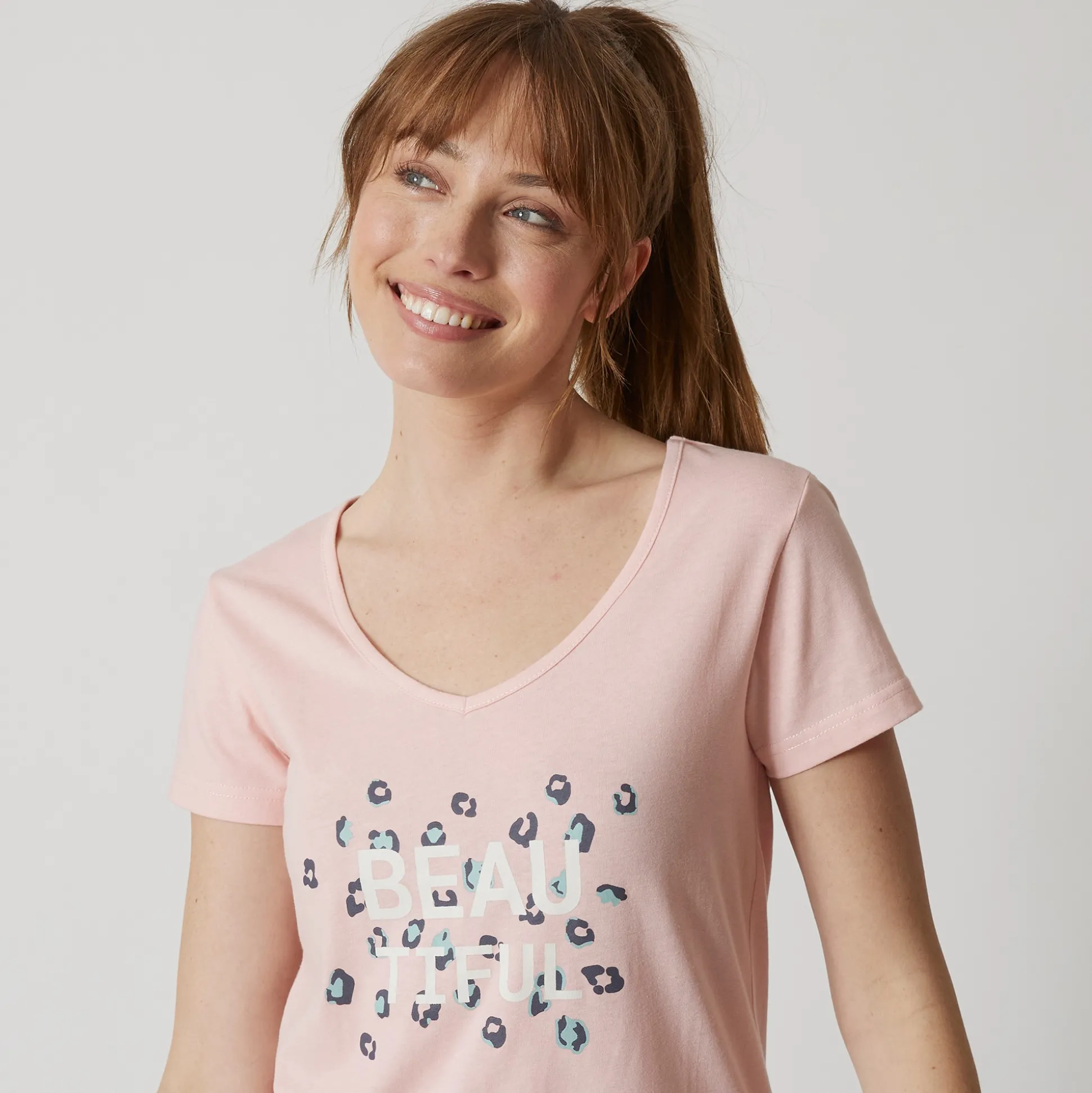 T-shirt met korte mouwen in effen katoen geplaatste "Beautiful" print