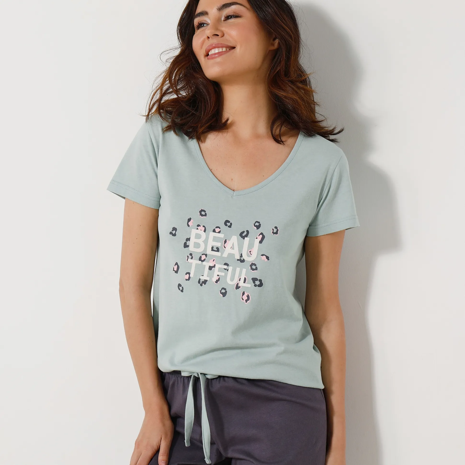 T-shirt met korte mouwen in effen katoen geplaatste "Beautiful" print