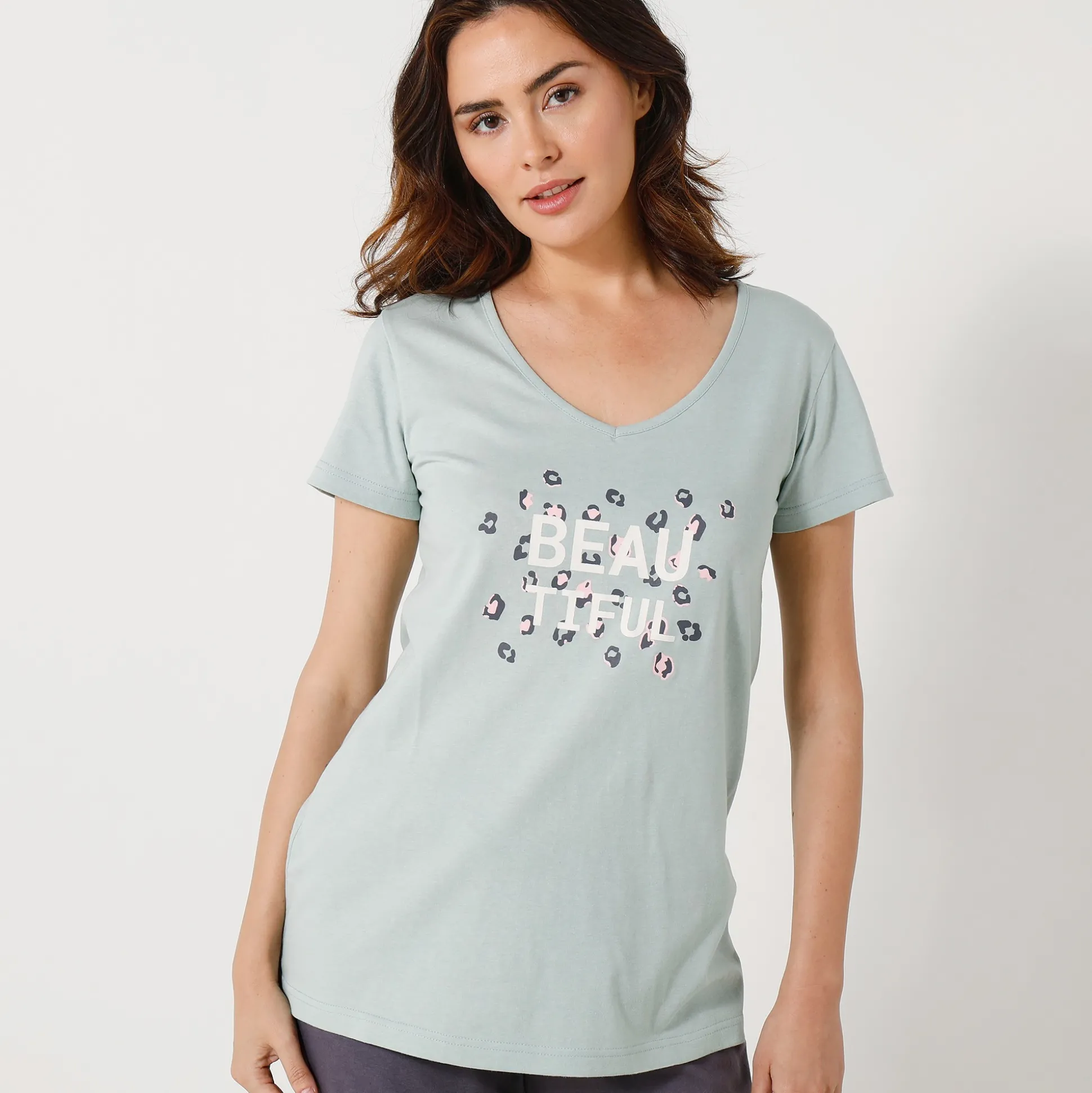 T-shirt met korte mouwen in effen katoen geplaatste "Beautiful" print