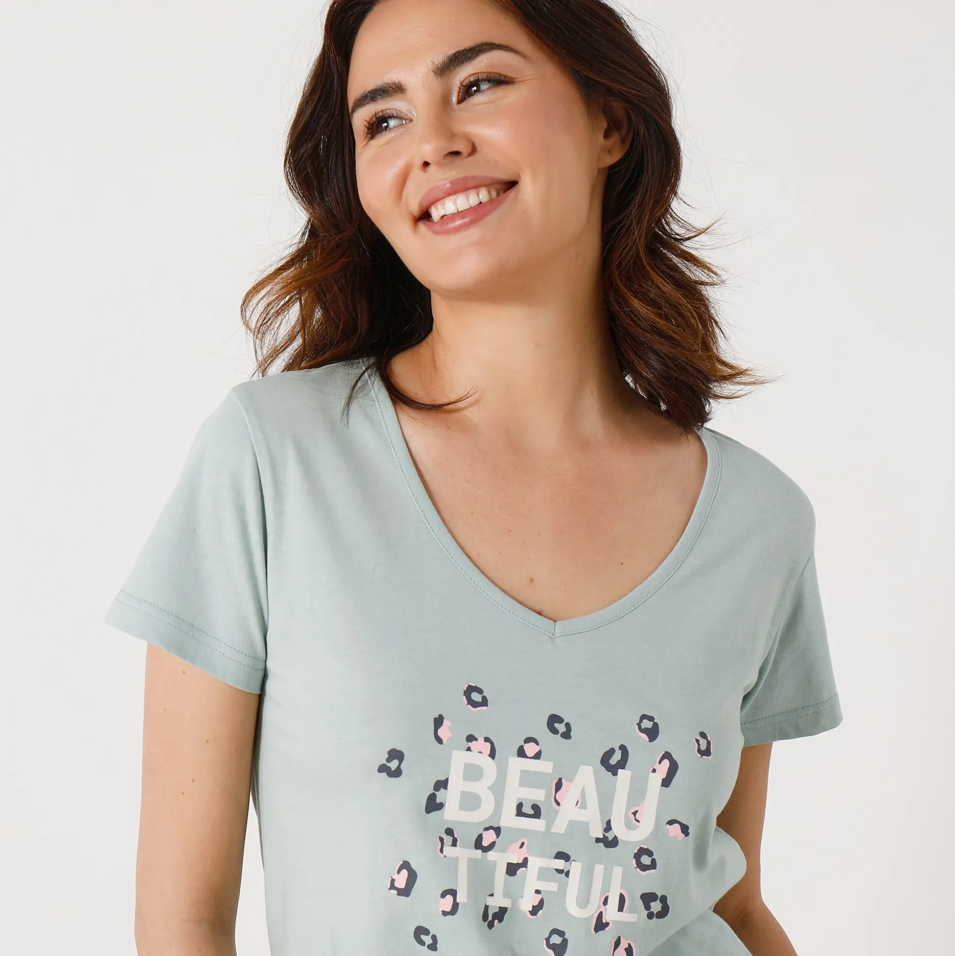 T-shirt met korte mouwen in effen katoen geplaatste "Beautiful" print
