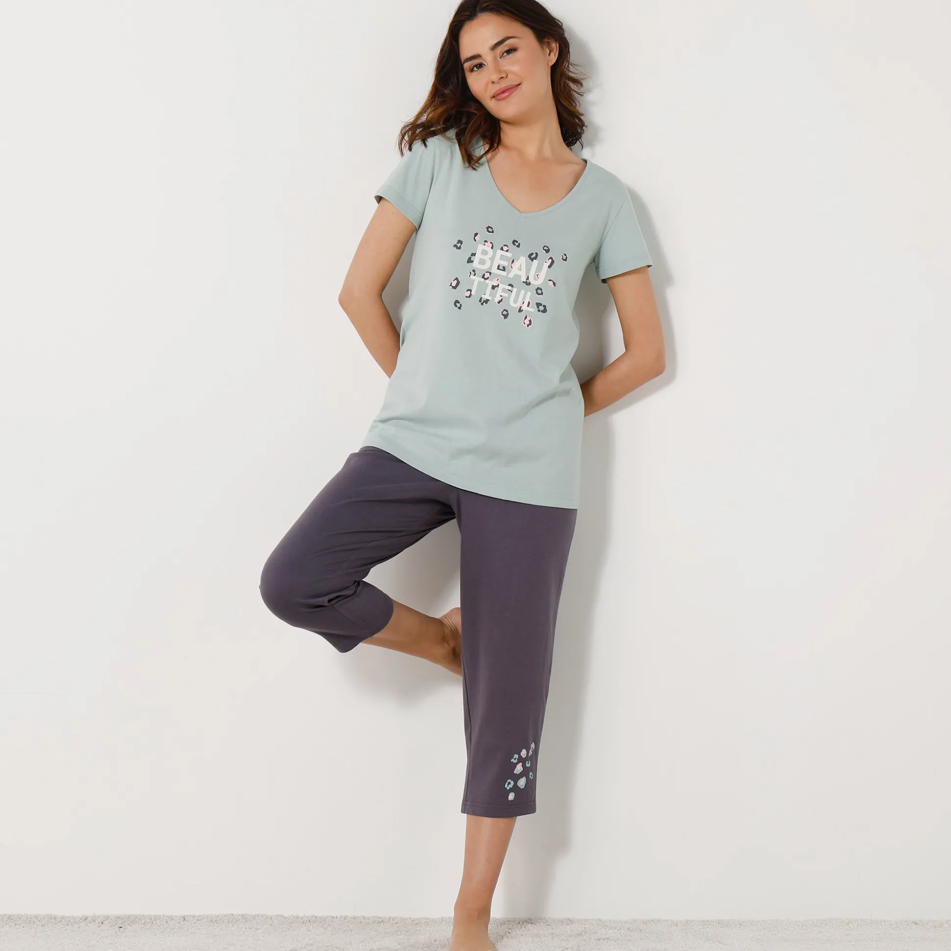 T-shirt met korte mouwen in effen katoen geplaatste "Beautiful" print