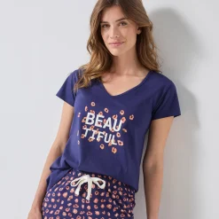 T-shirt met korte mouwen in effen katoen geplaatste "Beautiful" print