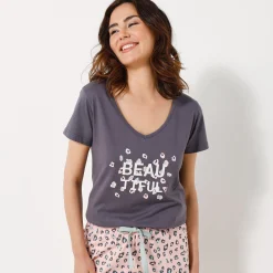T-shirt met korte mouwen in effen katoen geplaatste "Beautiful" print