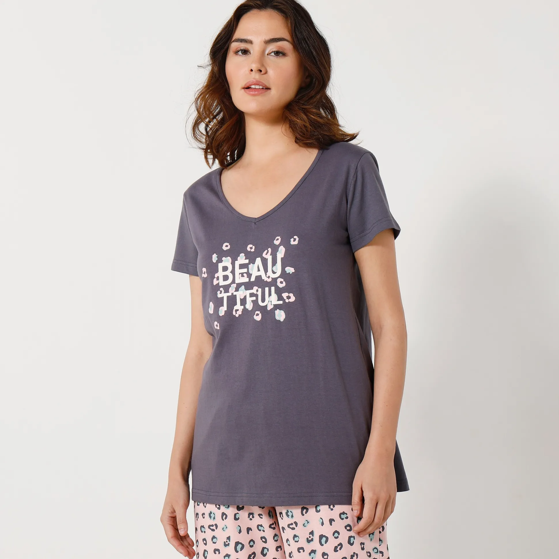 T-shirt met korte mouwen in effen katoen geplaatste "Beautiful" print