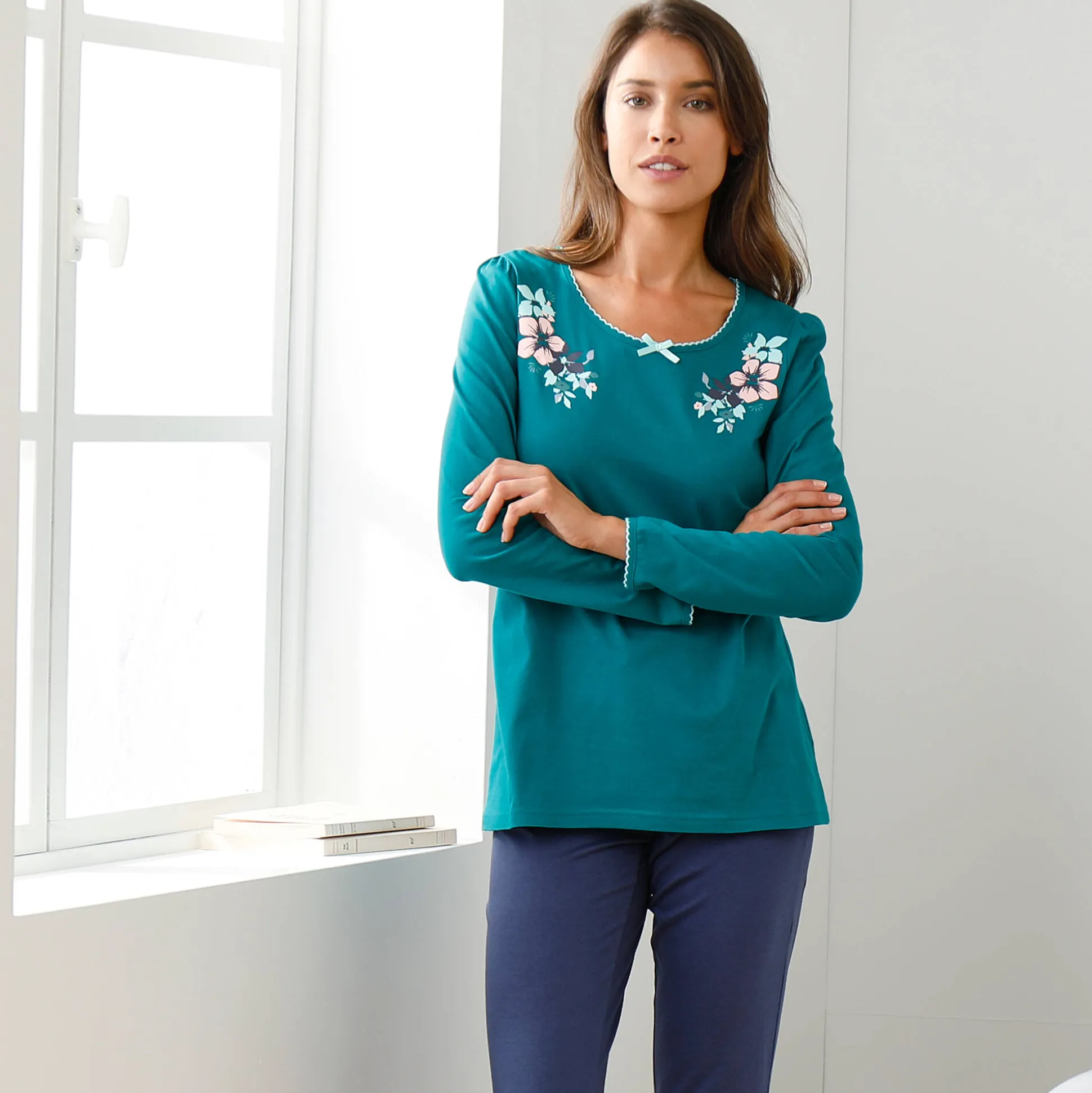 T-shirt met landelijke print aan de hals - lange mouwen
