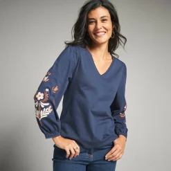 T-shirt met lange, geborduurde mouwen, katoen