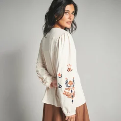 T-shirt met lange, geborduurde mouwen, katoen