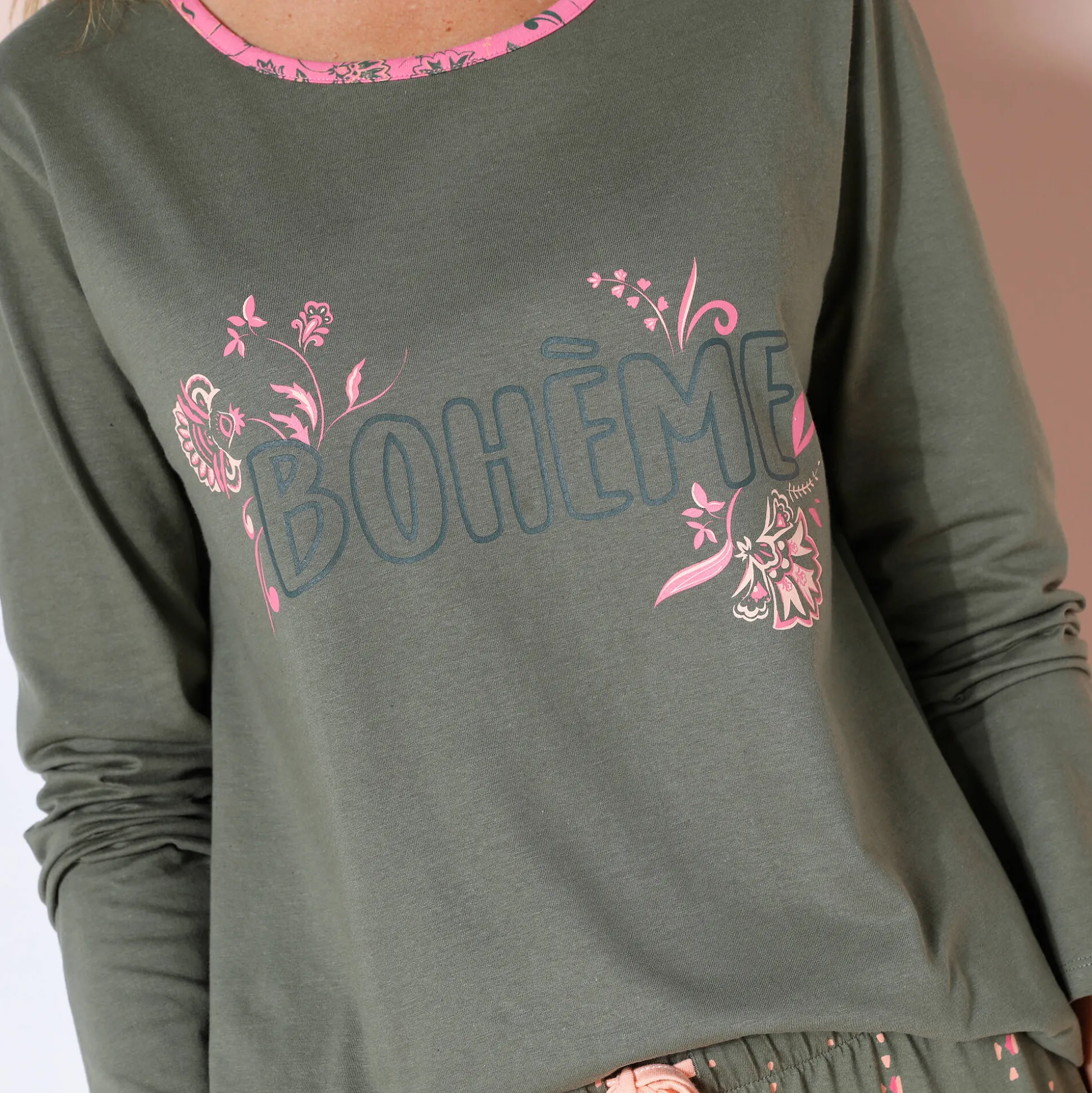 T-shirt met lange mouwen in effen katoen met geplaatste "Bohème" print