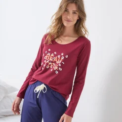 T-shirt met lange mouwen in effen katoen geplaatste "Beautiful" print