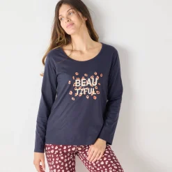 T-shirt met lange mouwen in effen katoen geplaatste "Beautiful" print