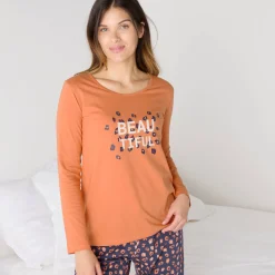 T-shirt met lange mouwen in effen katoen geplaatste "Beautiful" print