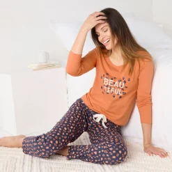 T-shirt met lange mouwen in effen katoen geplaatste "Beautiful" print