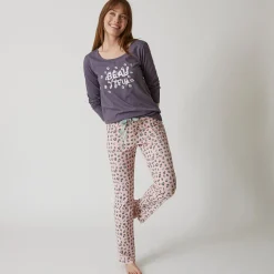 T-shirt met lange mouwen in effen katoen geplaatste "Beautiful" print
