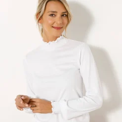 T-shirt met opstaande hals, smokwerk aan de mouwen