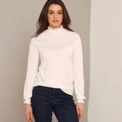 T-shirt met opstaande hals, smokwerk aan de mouwen