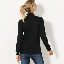 T-shirt met opstaande hals, smokwerk aan de mouwen