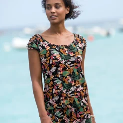 T-shirt met rijgwerk aan de schouders en tropische print in tricot