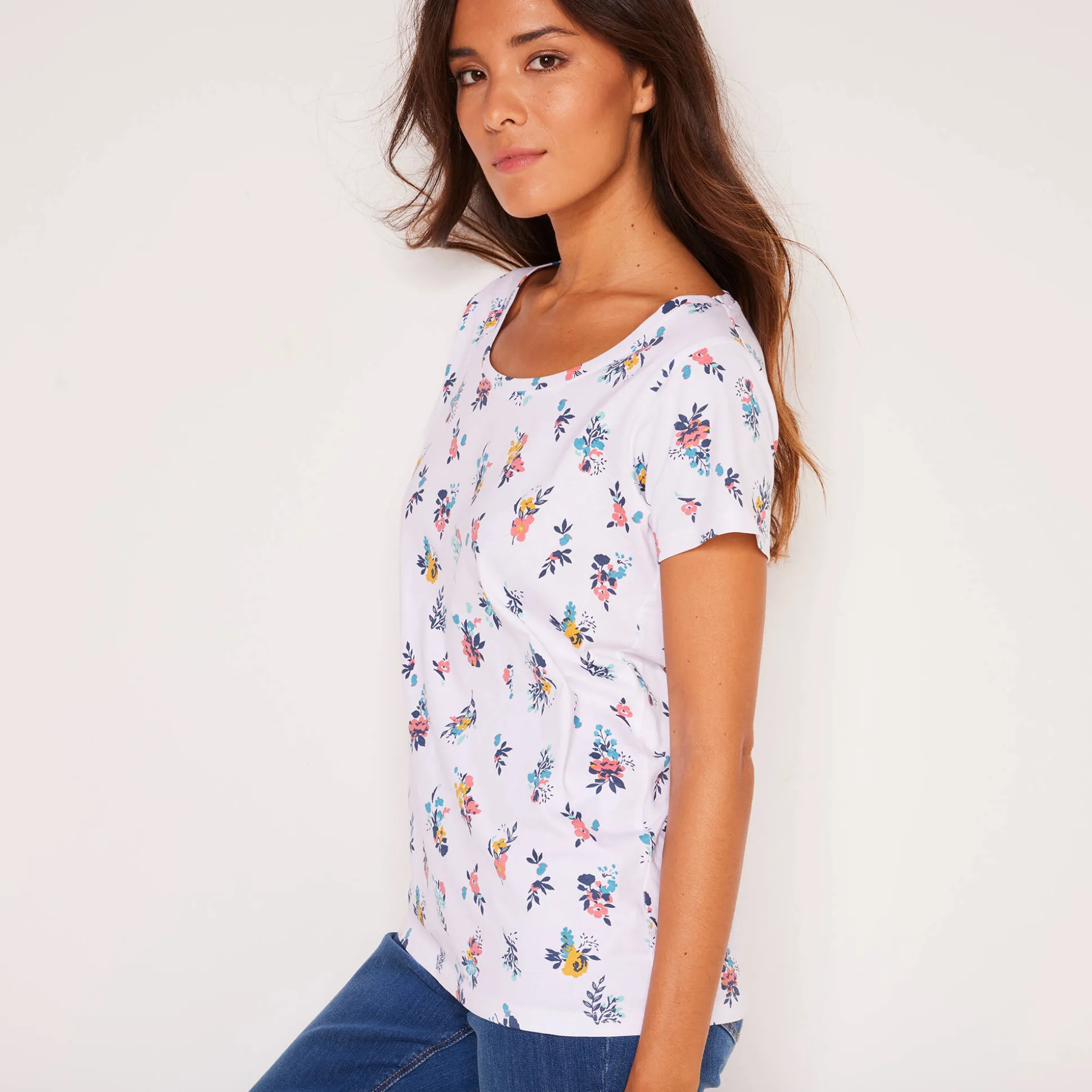 T-shirt met ronde hals en bloemenprint, katoen