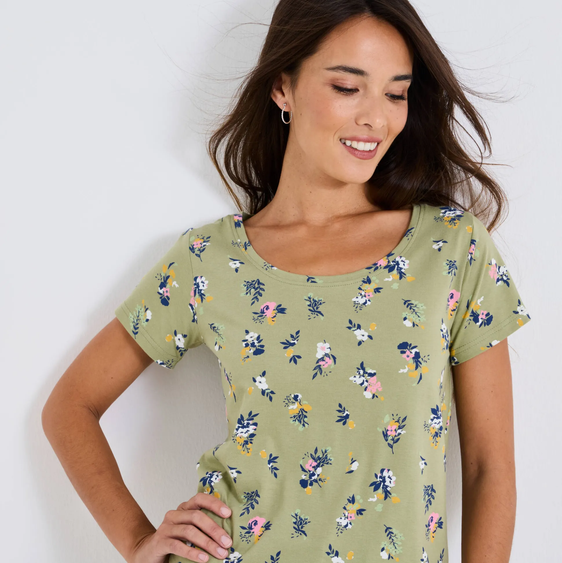 T-shirt met ronde hals en bloemenprint, katoen