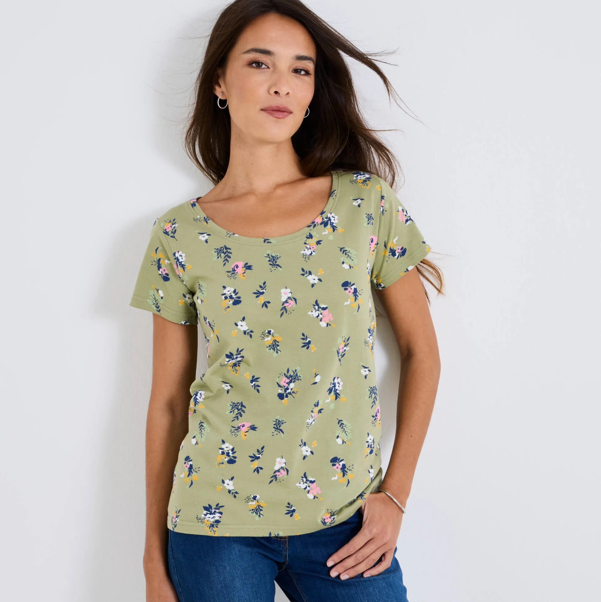 T-shirt met ronde hals en bloemenprint, katoen