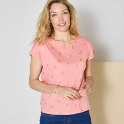 T-shirt met ronde hals en goudkleurige kersenprint