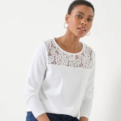 T-shirt met ronde hals en lange mouwen in kant