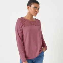 T-shirt met ronde hals en lange mouwen in kant