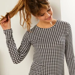 T-shirt met ronde hals en pied-de-poule print, stretch