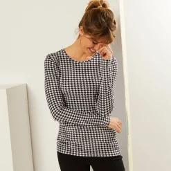 T-shirt met ronde hals en pied-de-poule print, stretch