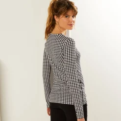 T-shirt met ronde hals en pied-de-poule print, stretch
