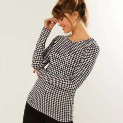 T-shirt met ronde hals en pied-de-poule print, stretch