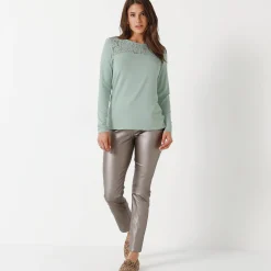 T-shirt met ronde hals en lange mouwen in kant