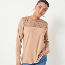 T-shirt met ronde hals en lange mouwen in kant