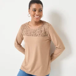 T-shirt met ronde hals en lange mouwen in kant