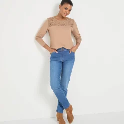 T-shirt met ronde hals en lange mouwen in kant