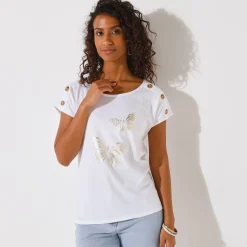 T-shirt met ronde hals, goudkleurige vlinderprint