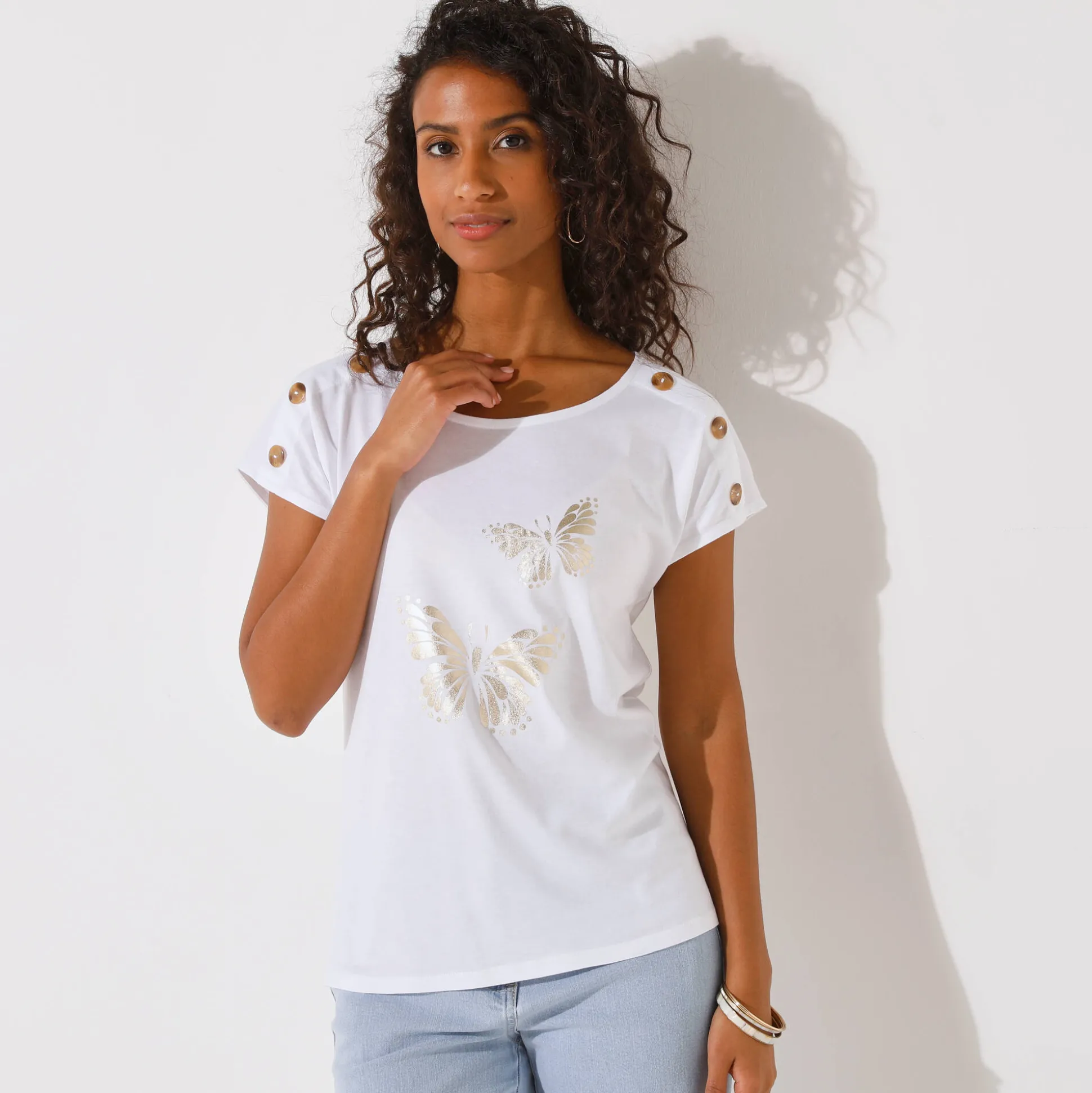 T-shirt met ronde hals, goudkleurige vlinderprint