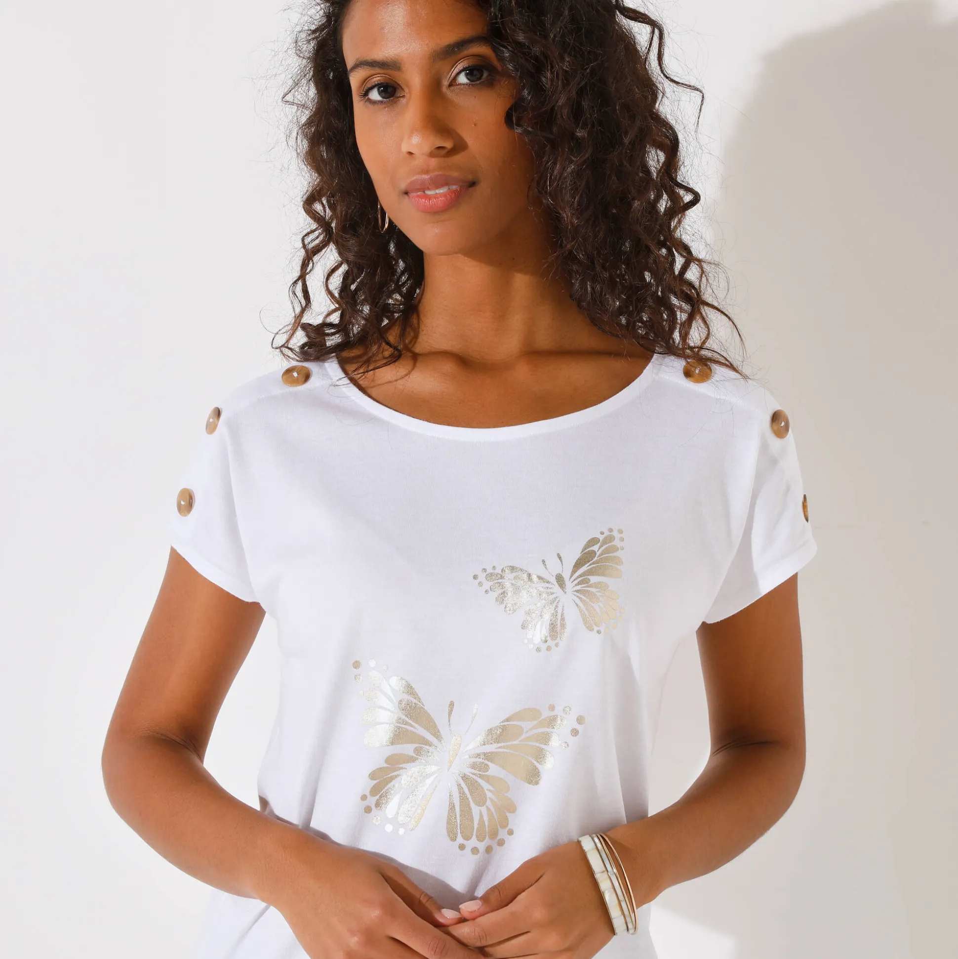 T-shirt met ronde hals, goudkleurige vlinderprint