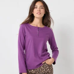 T-shirt met Tunesische hals en lange mouwen