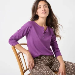 T-shirt met Tunesische hals en lange mouwen