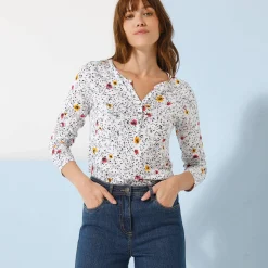 T-shirt met Tunesische hals en lange mouwen, bedrukt