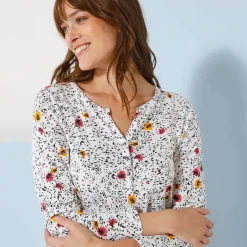 T-shirt met Tunesische hals en lange mouwen, bedrukt